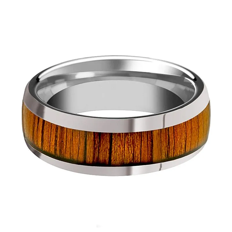 KAMEHA | Silver Tungste Ring, Koa Wood Inlay, Domed