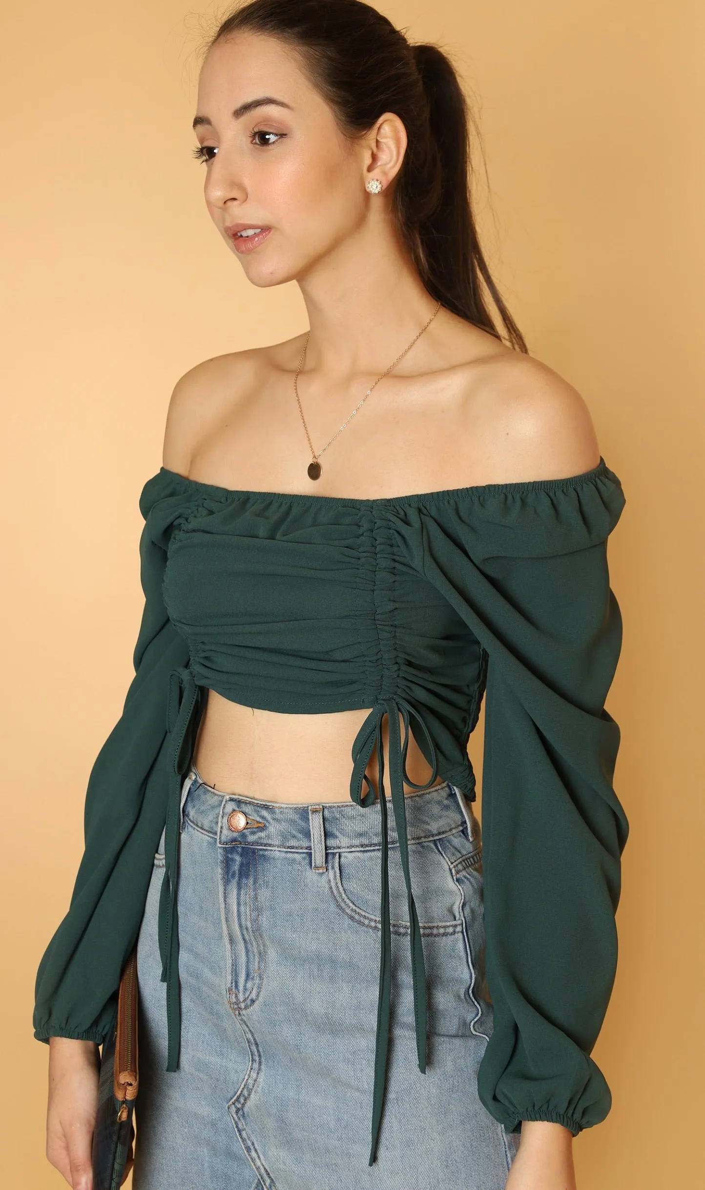 KIRA Ruched Off-Shoulder Top (Emerald Green)
