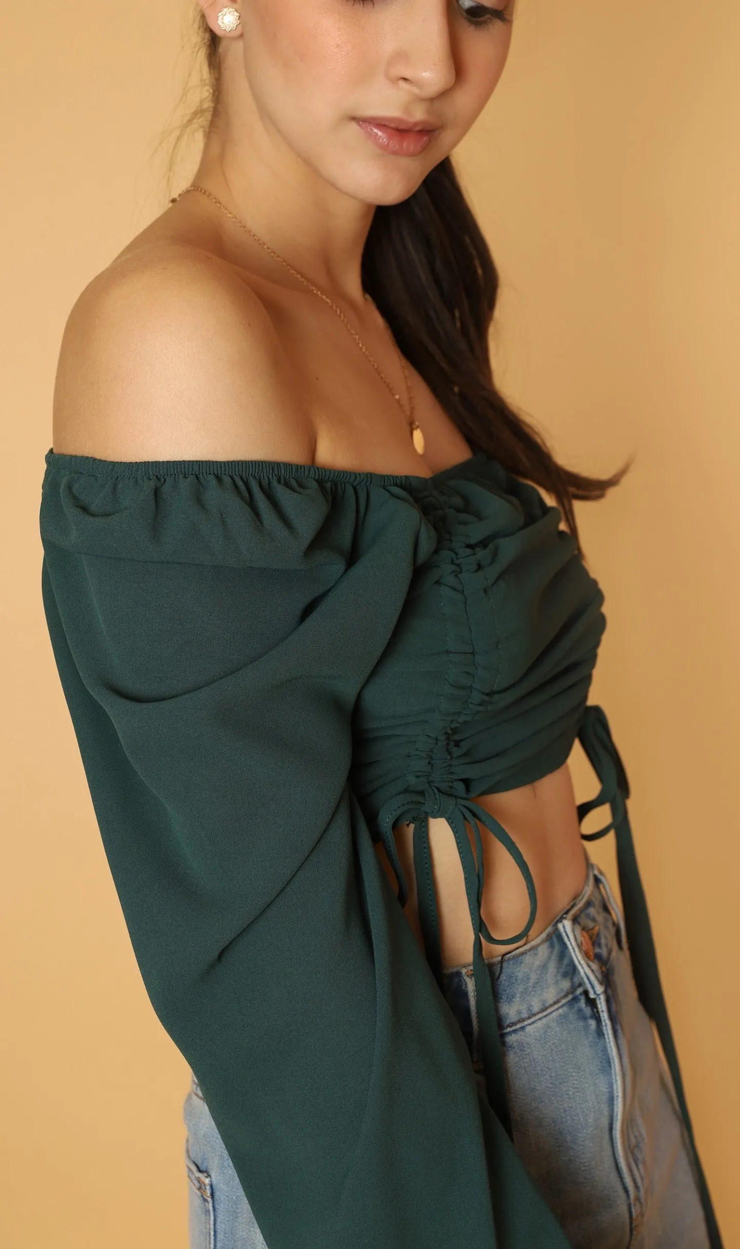 KIRA Ruched Off-Shoulder Top (Emerald Green)