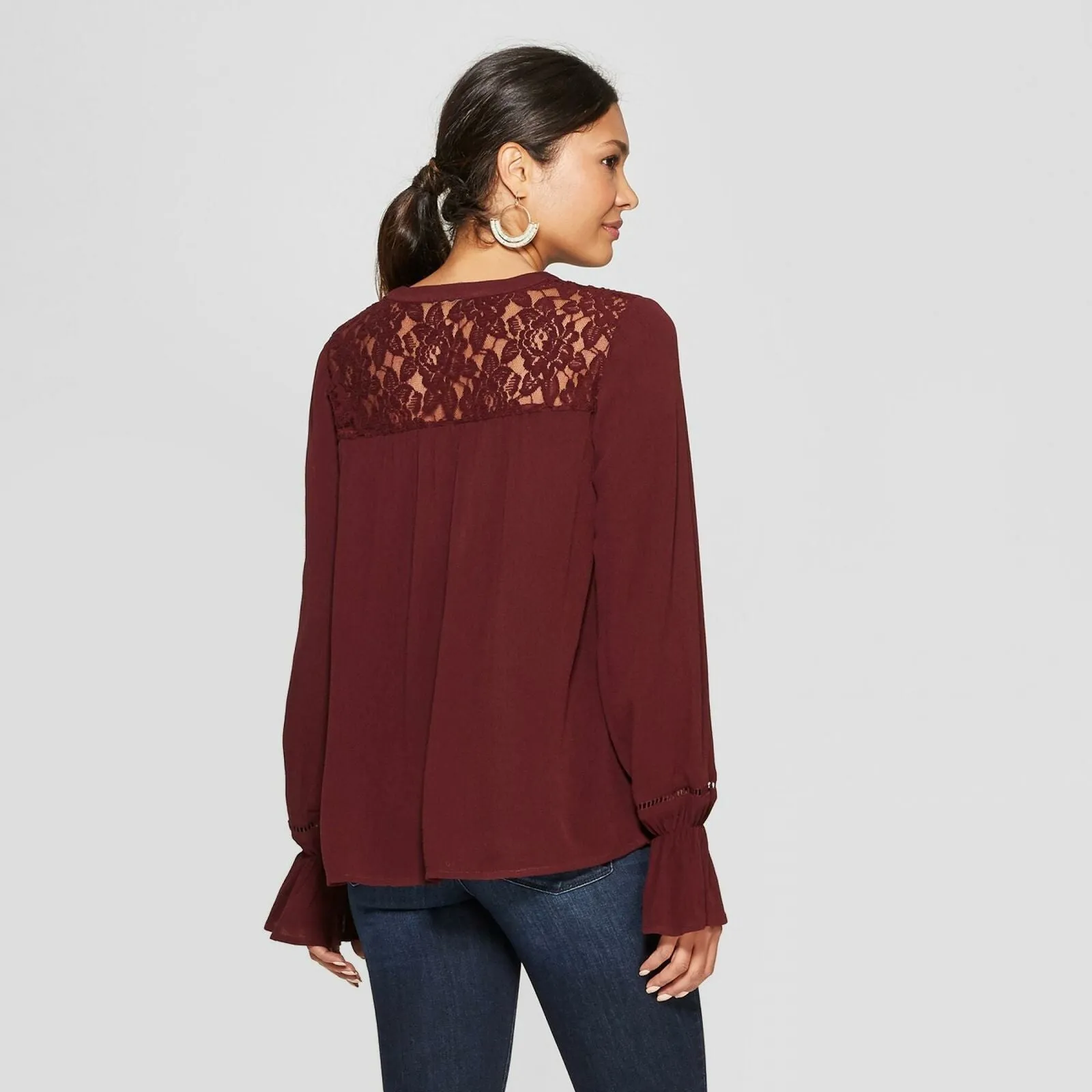 Knox Rose Long Sleeve Collarless Lace Inset Button-Down Blouse