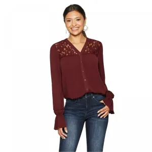 Knox Rose Long Sleeve Collarless Lace Inset Button-Down Blouse
