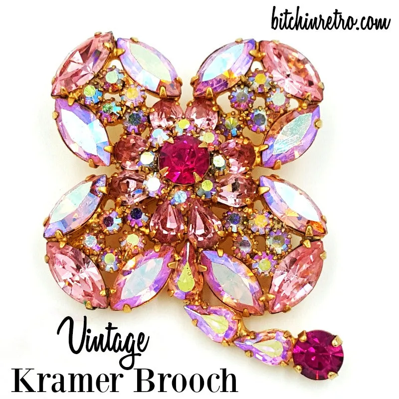 Kramer Rhinestone Brooch Vintage Delicate Shades of Cotton Candy Pink