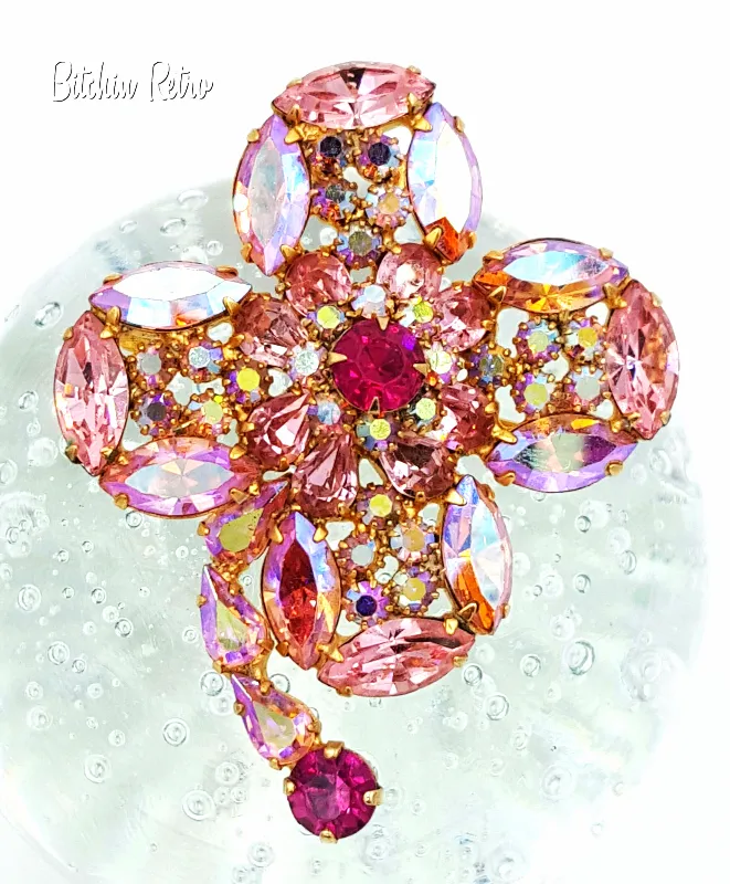 Kramer Rhinestone Brooch Vintage Delicate Shades of Cotton Candy Pink