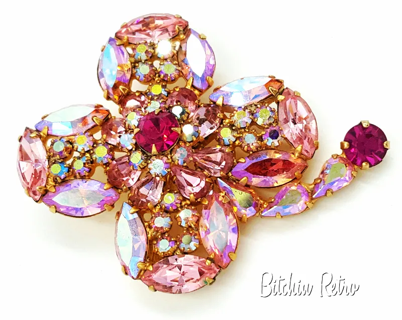 Kramer Rhinestone Brooch Vintage Delicate Shades of Cotton Candy Pink
