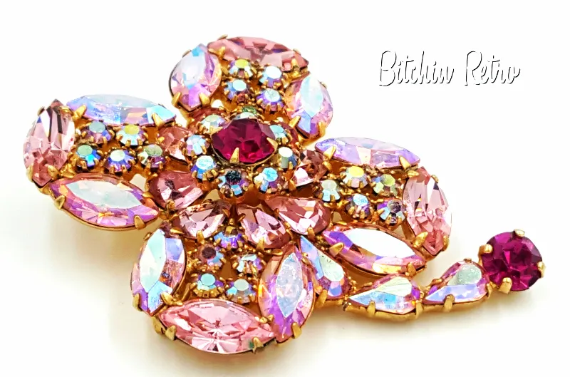 Kramer Rhinestone Brooch Vintage Delicate Shades of Cotton Candy Pink