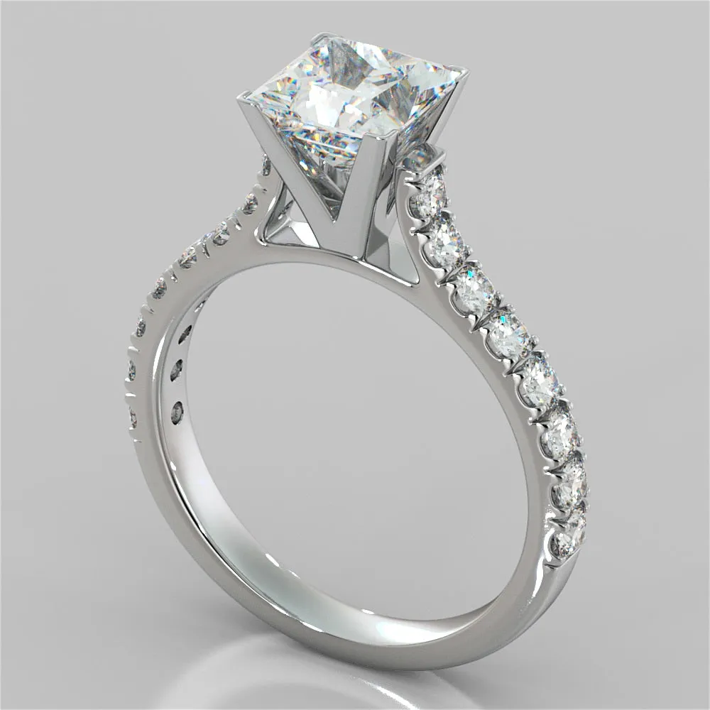 Lab Grown Diamond Princess Cut Cathedral Scallop Style Engagement Ring With Accents