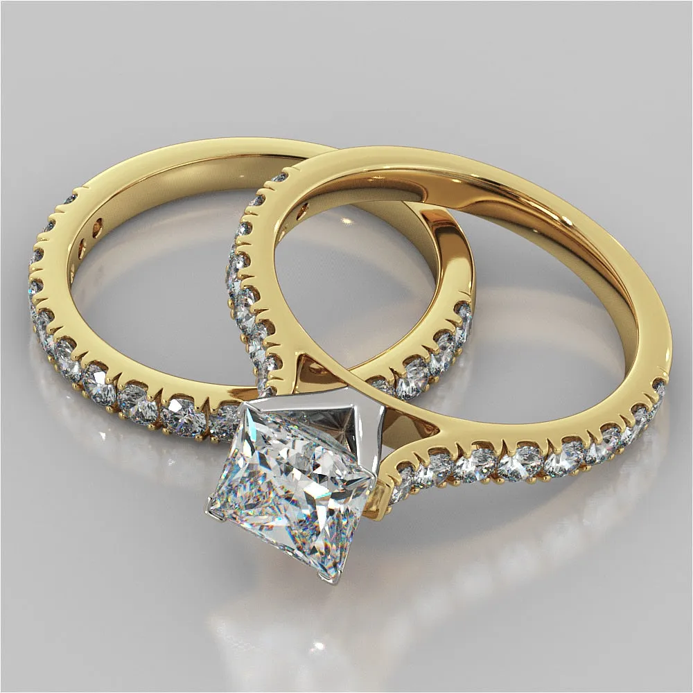 Lab Grown Diamond Princess Cut Cathedral Scallop Style Engagement Ring With Accents