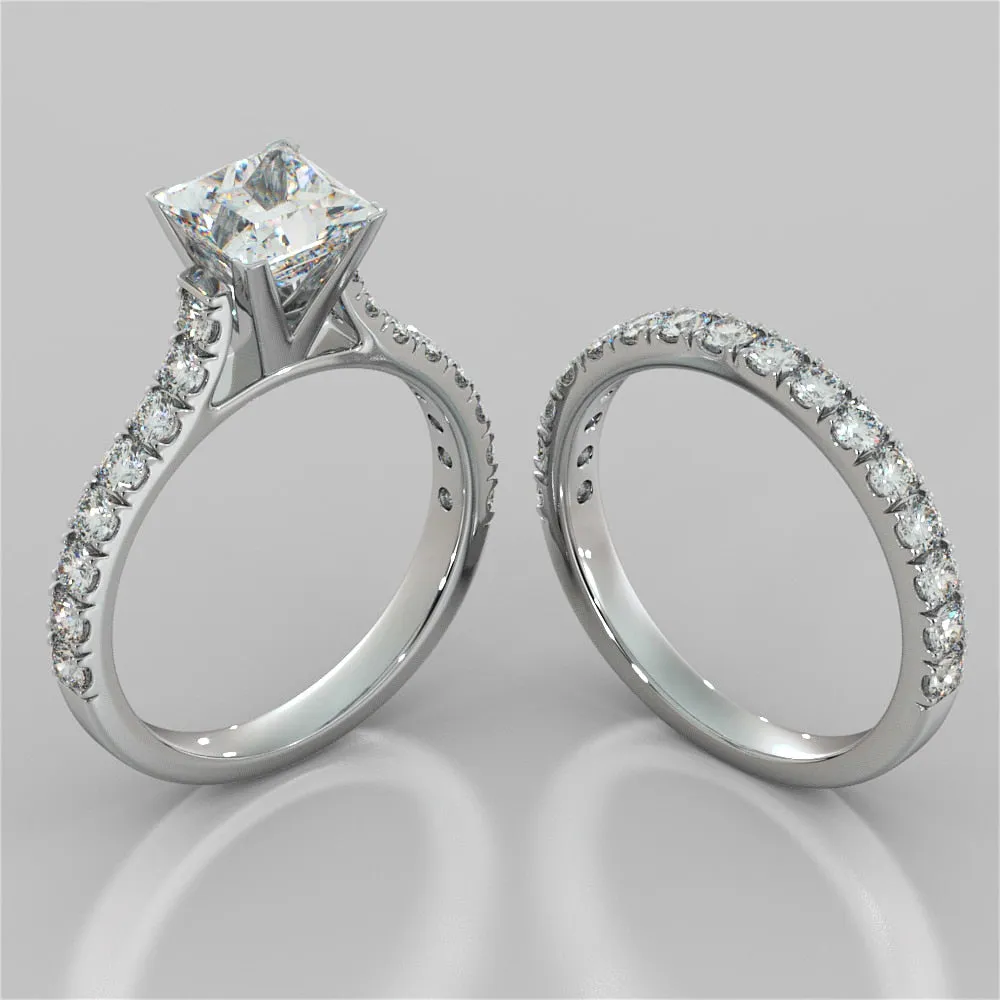Lab Grown Diamond Princess Cut Cathedral Scallop Style Engagement Ring With Accents