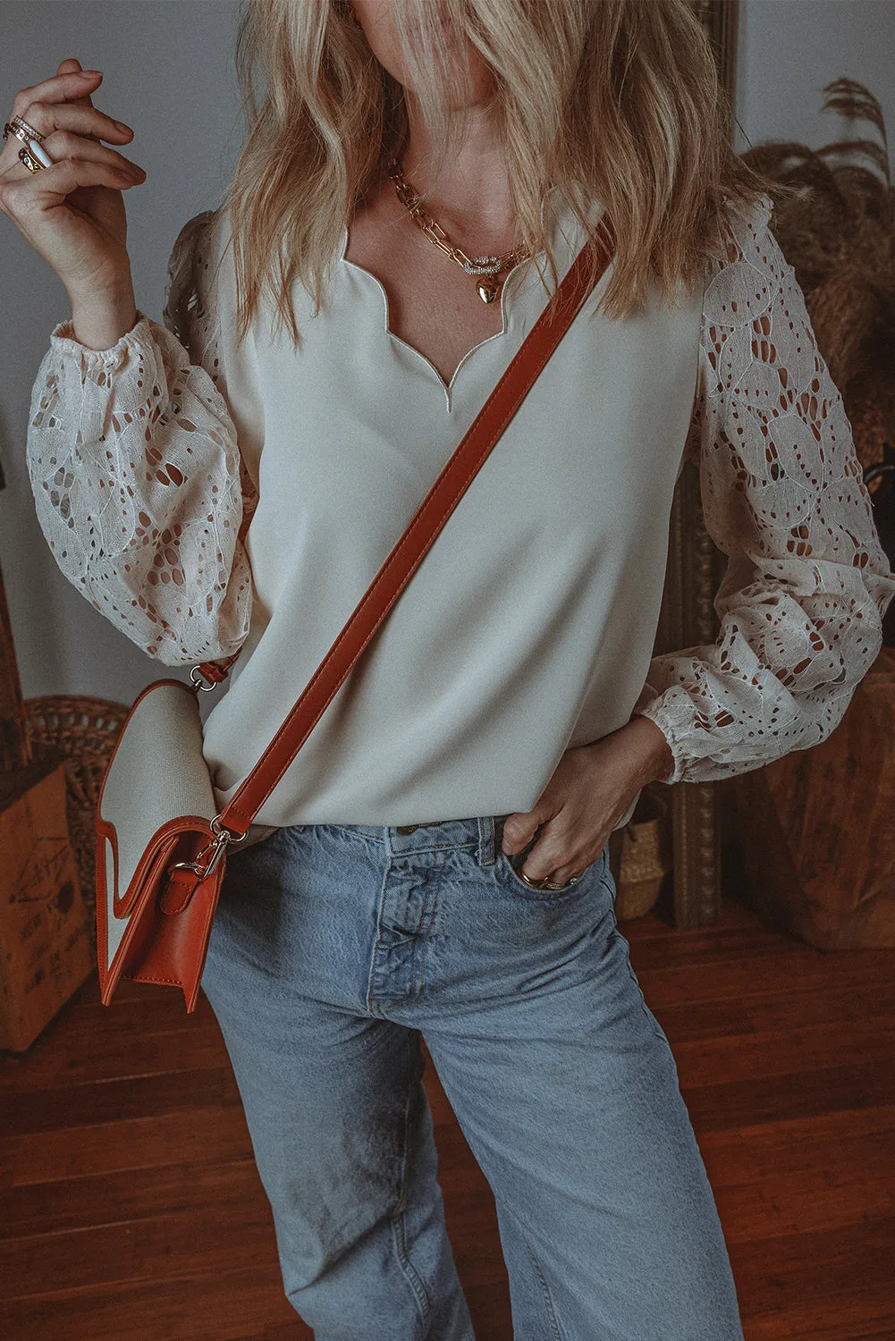 Lace Hollowed Lantern Sleeve Blouse