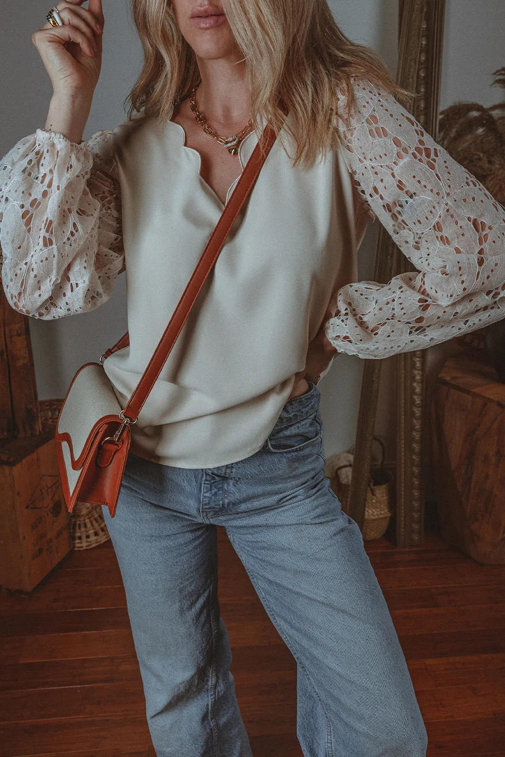 Lace Hollowed Lantern Sleeve Blouse