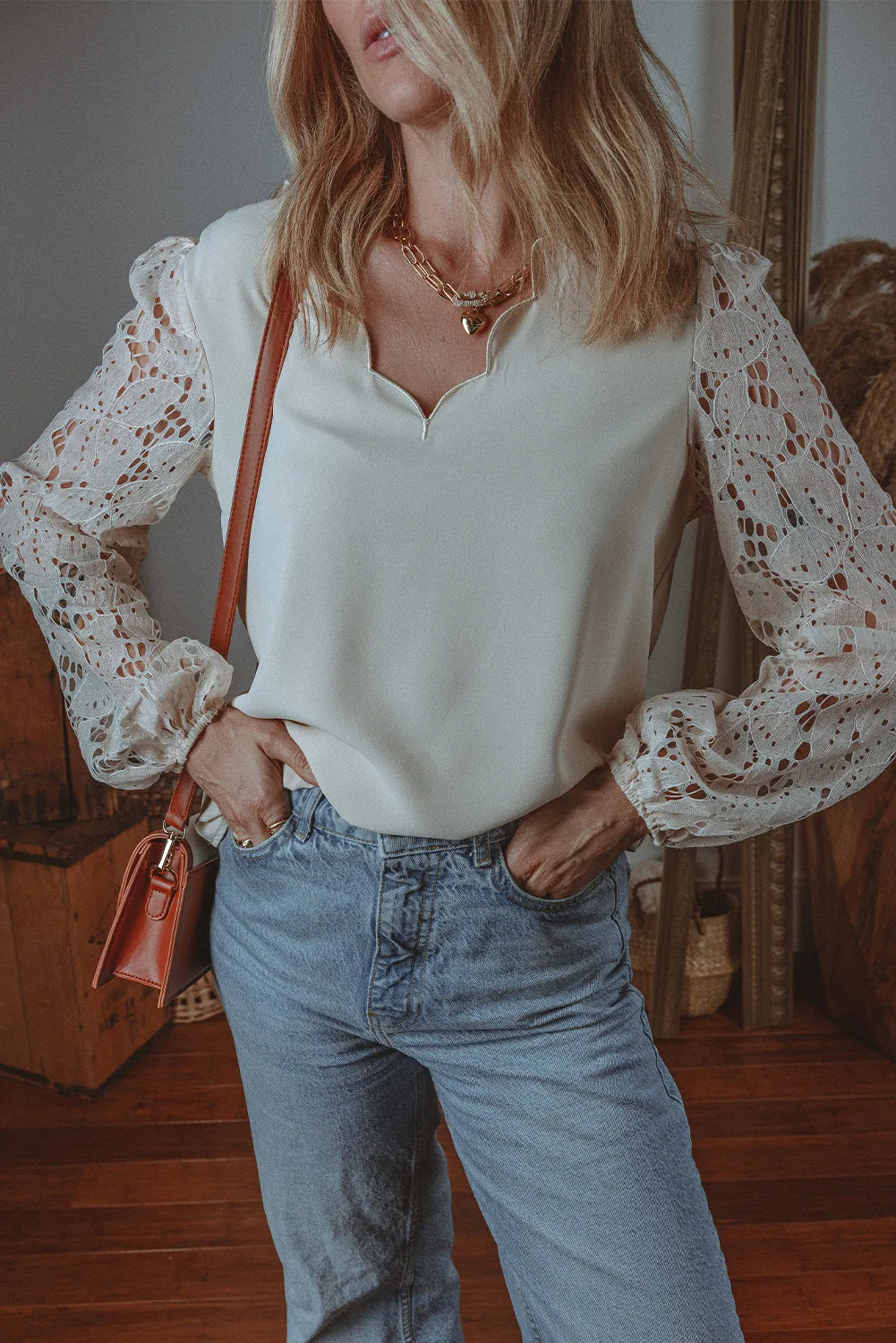 Lace Hollowed Lantern Sleeve Blouse