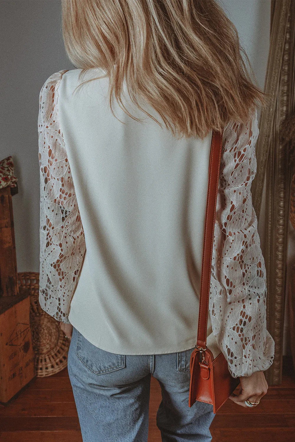 Lace Hollowed Lantern Sleeve Blouse