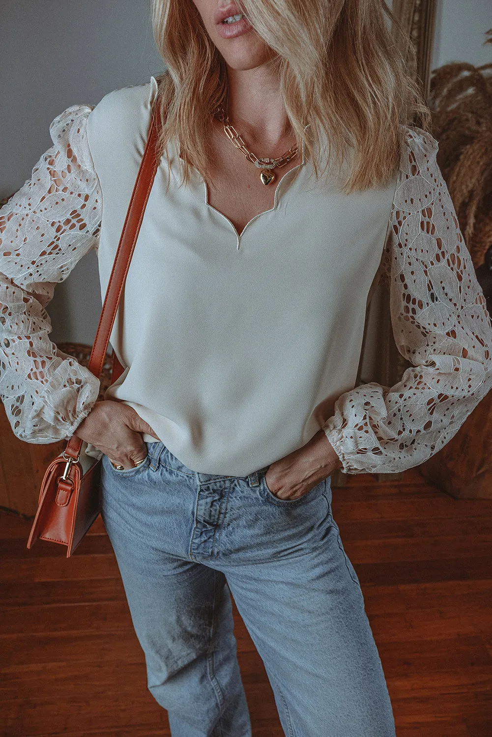 Lace Hollowed Lantern Sleeve Blouse
