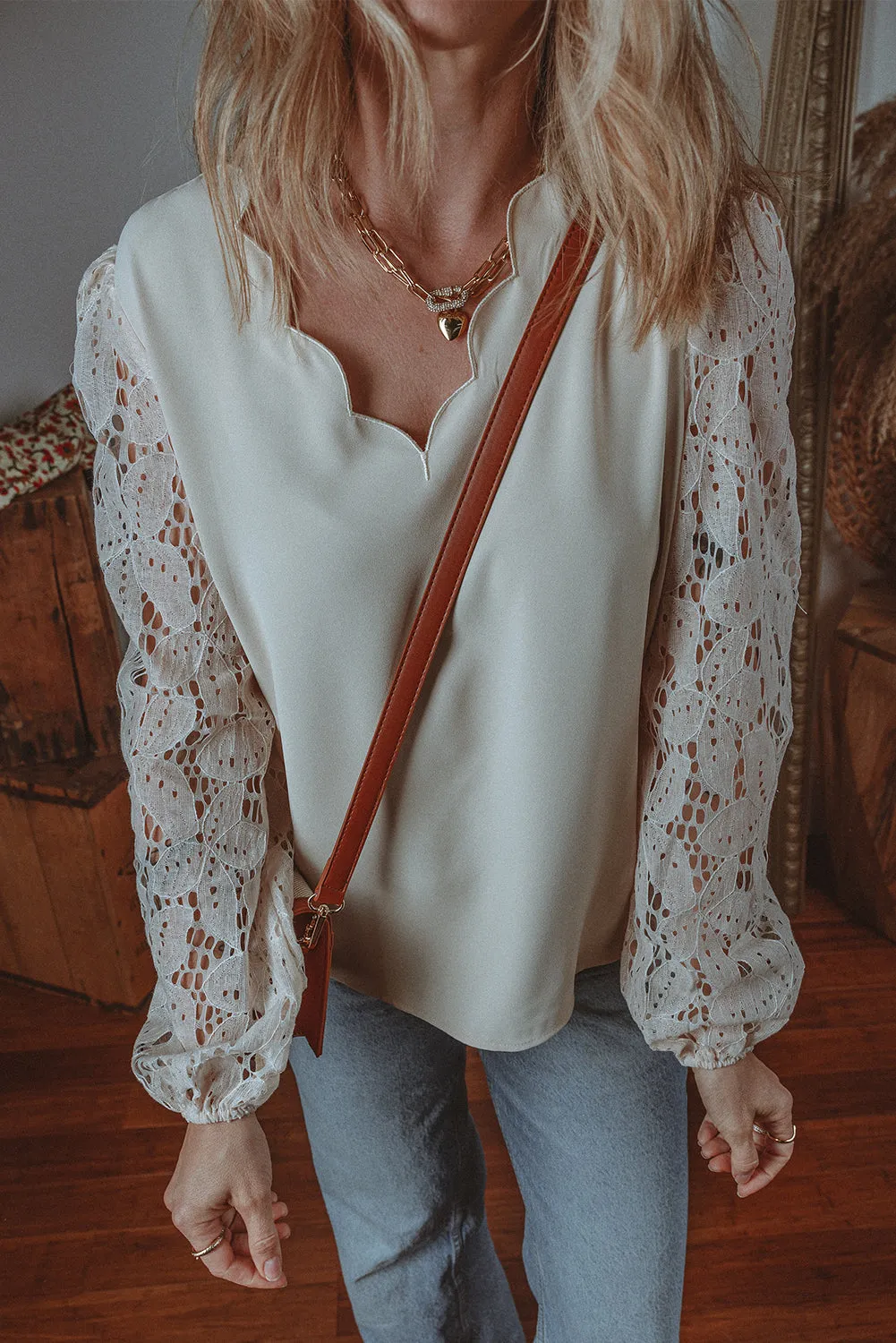 Lace Hollowed Lantern Sleeve Blouse