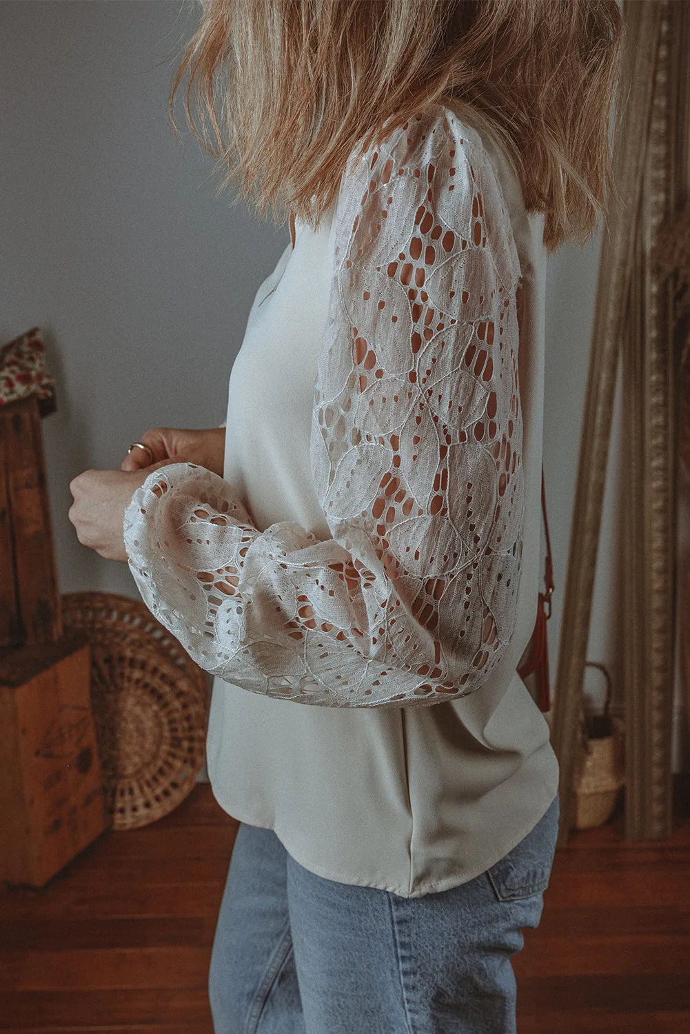Lace Hollowed Lantern Sleeve Blouse