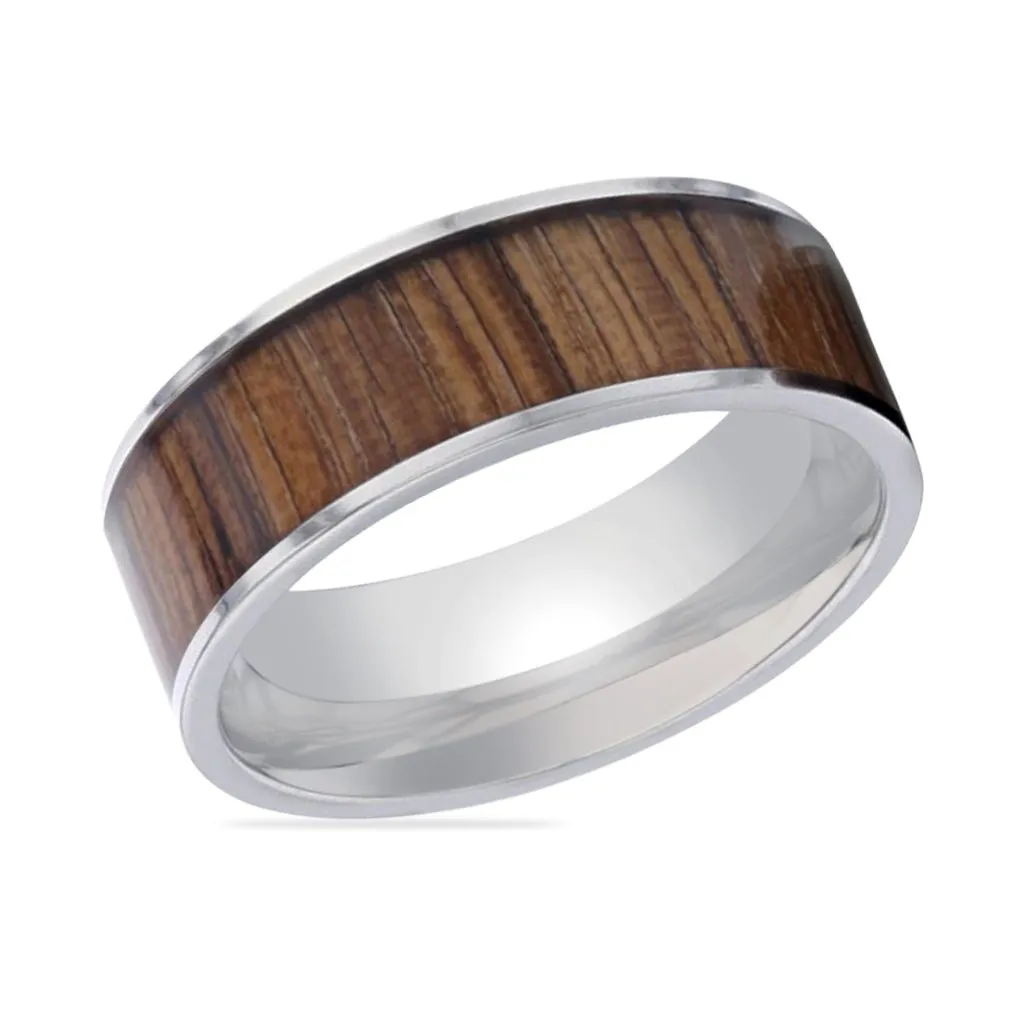 LAMAR | Silver Titanium Ring, Zebra Wood Inlay, Flat