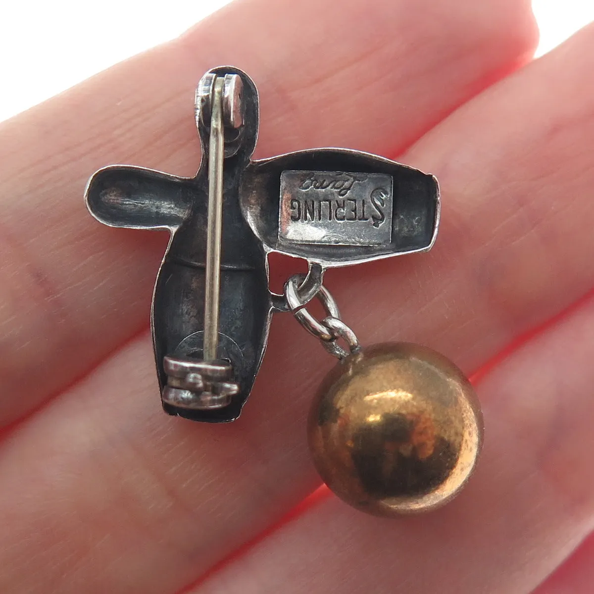 LANG 925 Sterling Silver 2-Tone Vintage Bowling Club Pin Brooch