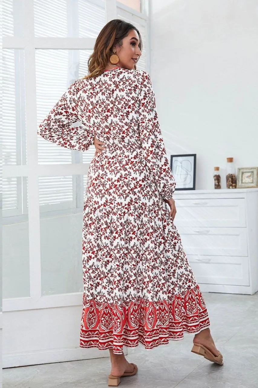 Lauren Long Sleeve Floral Maxi Dress - Red