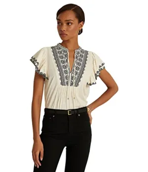 Lauren Ralph Lauren Womens Embroidered Neck Tie Blouse Ivory S