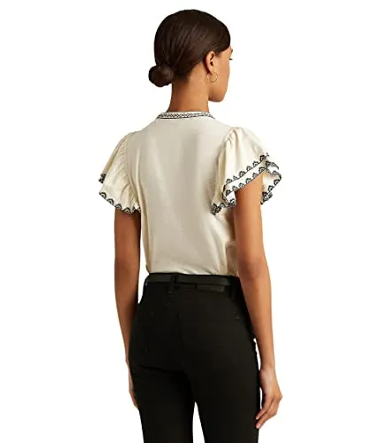 Lauren Ralph Lauren Womens Embroidered Neck Tie Blouse Ivory S