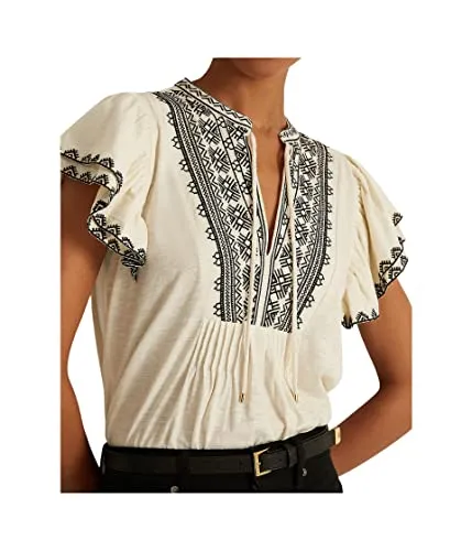 Lauren Ralph Lauren Womens Embroidered Neck Tie Blouse Ivory S