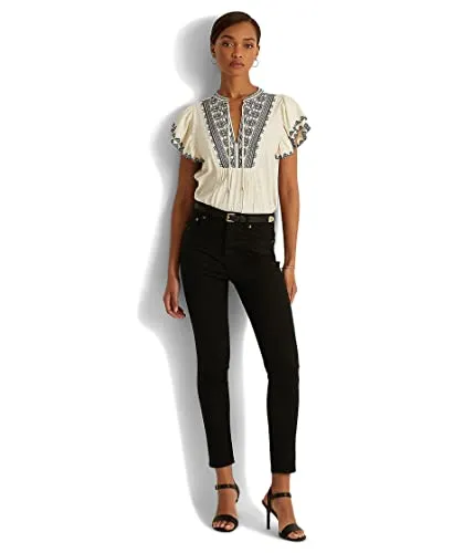 Lauren Ralph Lauren Womens Embroidered Neck Tie Blouse Ivory S