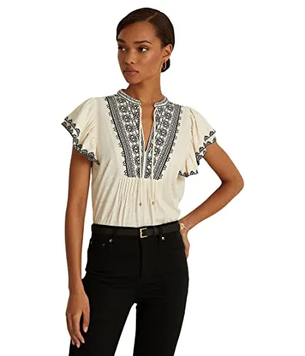 Lauren Ralph Lauren Womens Embroidered Neck Tie Blouse Ivory S