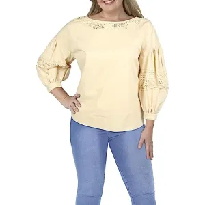 Lauren Ralph Lauren Womens Laser Cut Puff Sleeve Blouse Beige XS