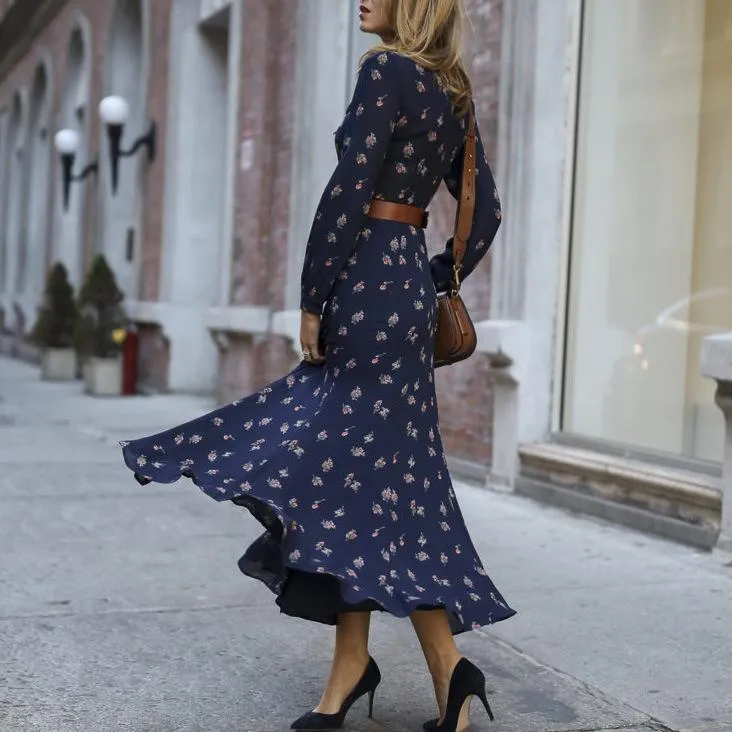 Leisure Long Sleeves Dark Blue Long Dresses
