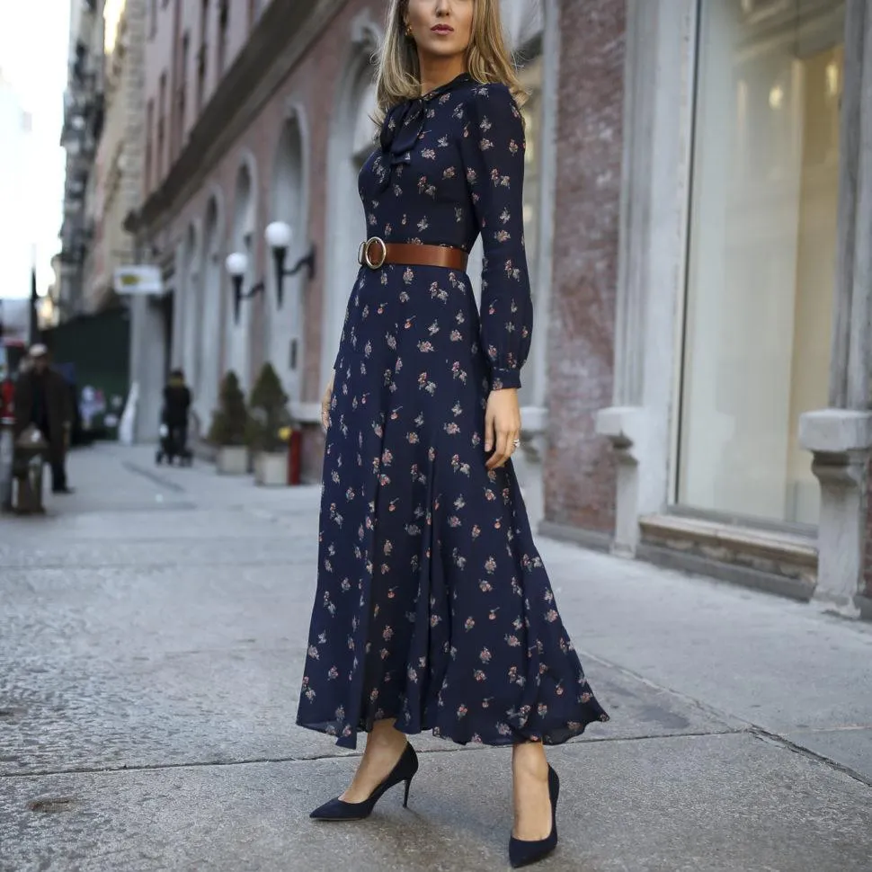 Leisure Long Sleeves Dark Blue Long Dresses