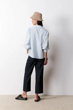 LEONA BLUE EMBROIDERED STRIPED SHIRT