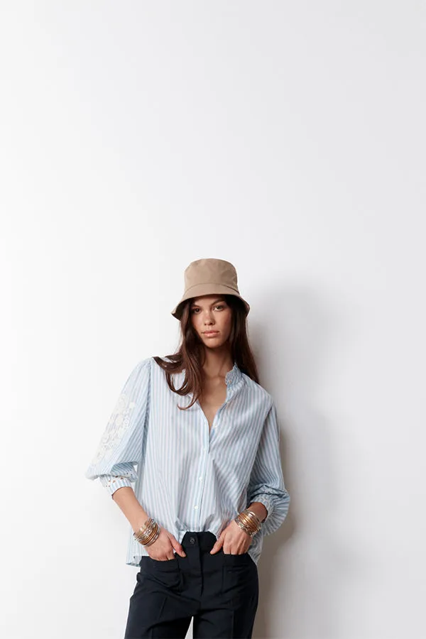LEONA BLUE EMBROIDERED STRIPED SHIRT