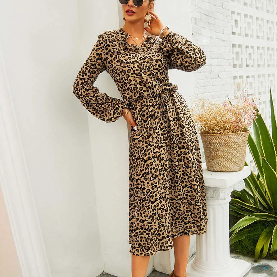 Leopard Long-sleeved Mid-length Dress