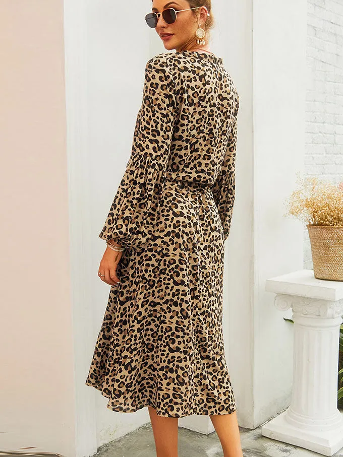 Leopard Long-sleeved Mid-length Dress