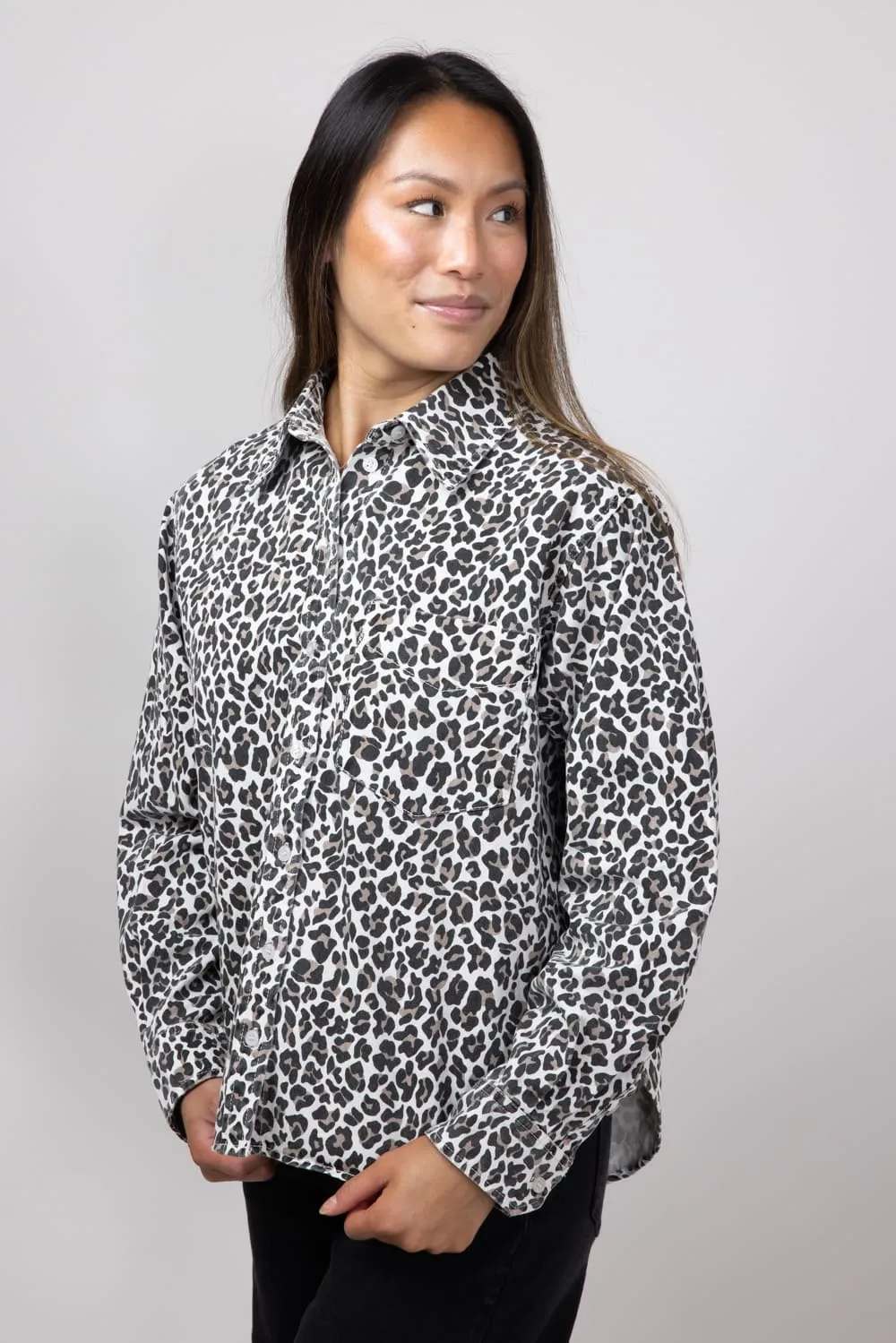 Leopard Print Button Up Shirt for Women in White/Brown | MAT3036-LEOPARD
