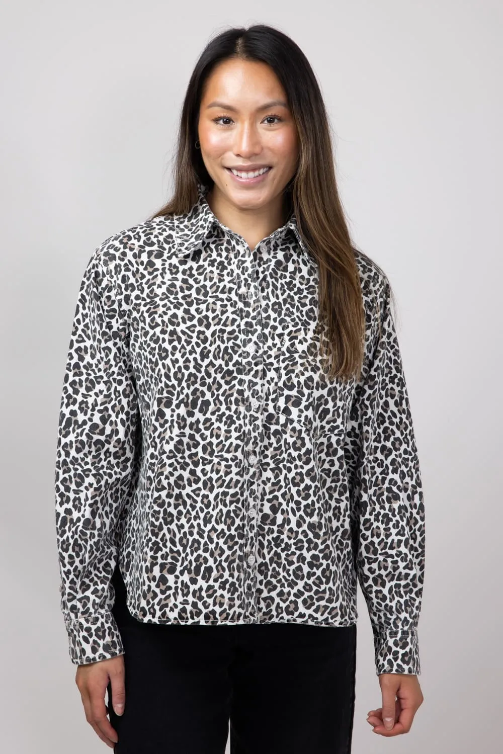 Leopard Print Button Up Shirt for Women in White/Brown | MAT3036-LEOPARD