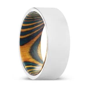 LESTER | Green & Yellow Wood, Silver Tungsten Ring, Shiny, Flat