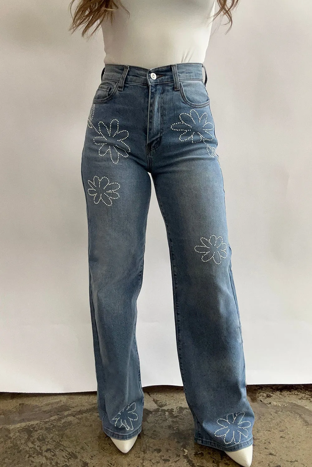 Light Blue Floral Rhinestone Decor High Rise Wide Leg Jeans