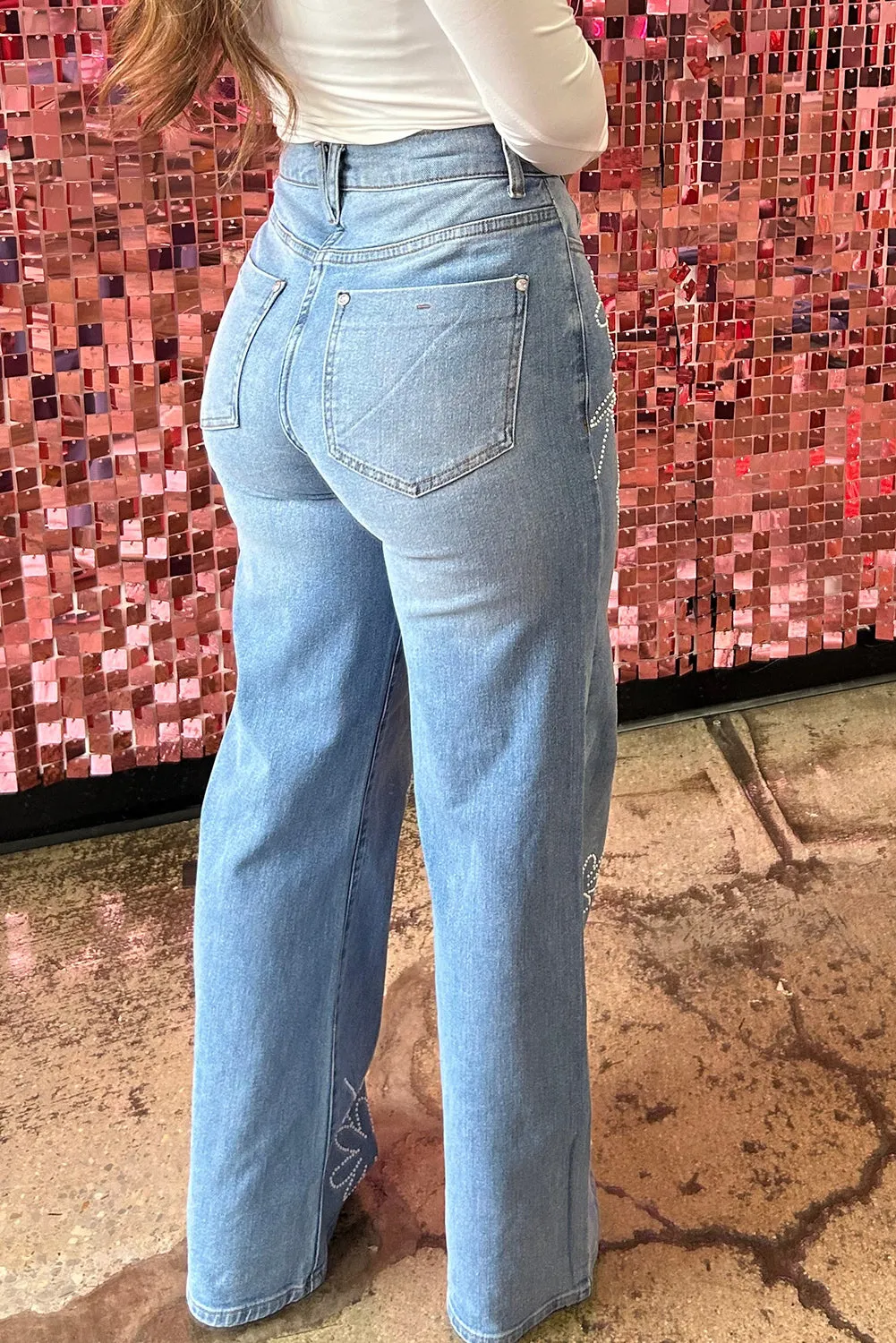 Light Blue Floral Rhinestone Decor High Rise Wide Leg Jeans