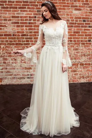 Long Lace Sleeves Bride Dresses with See-through Neckline
