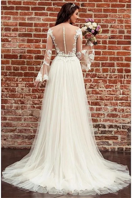 Long Lace Sleeves Bride Dresses with See-through Neckline