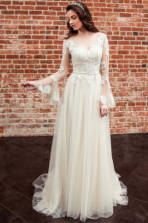 Long Lace Sleeves Bride Dresses with See-through Neckline