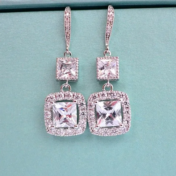 Long Princess Cut Crystal Wedding Earrings. Cushion Cut Bridal Earrings. Square Cubic Zirconia Drop With CZ Hook Earrings. Bridesmaid Gift