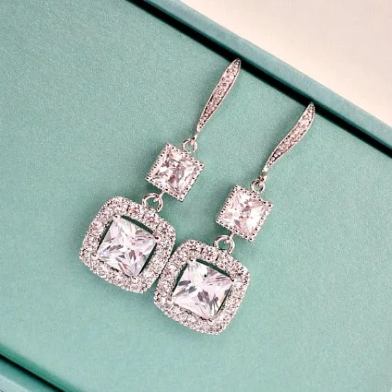 Long Princess Cut Crystal Wedding Earrings. Cushion Cut Bridal Earrings. Square Cubic Zirconia Drop With CZ Hook Earrings. Bridesmaid Gift