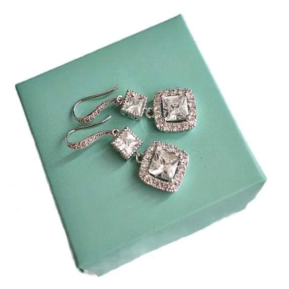Long Princess Cut Crystal Wedding Earrings. Cushion Cut Bridal Earrings. Square Cubic Zirconia Drop With CZ Hook Earrings. Bridesmaid Gift