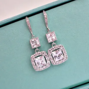 Long Princess Cut Crystal Wedding Earrings. Cushion Cut Bridal Earrings. Square Cubic Zirconia Drop With CZ Hook Earrings. Bridesmaid Gift