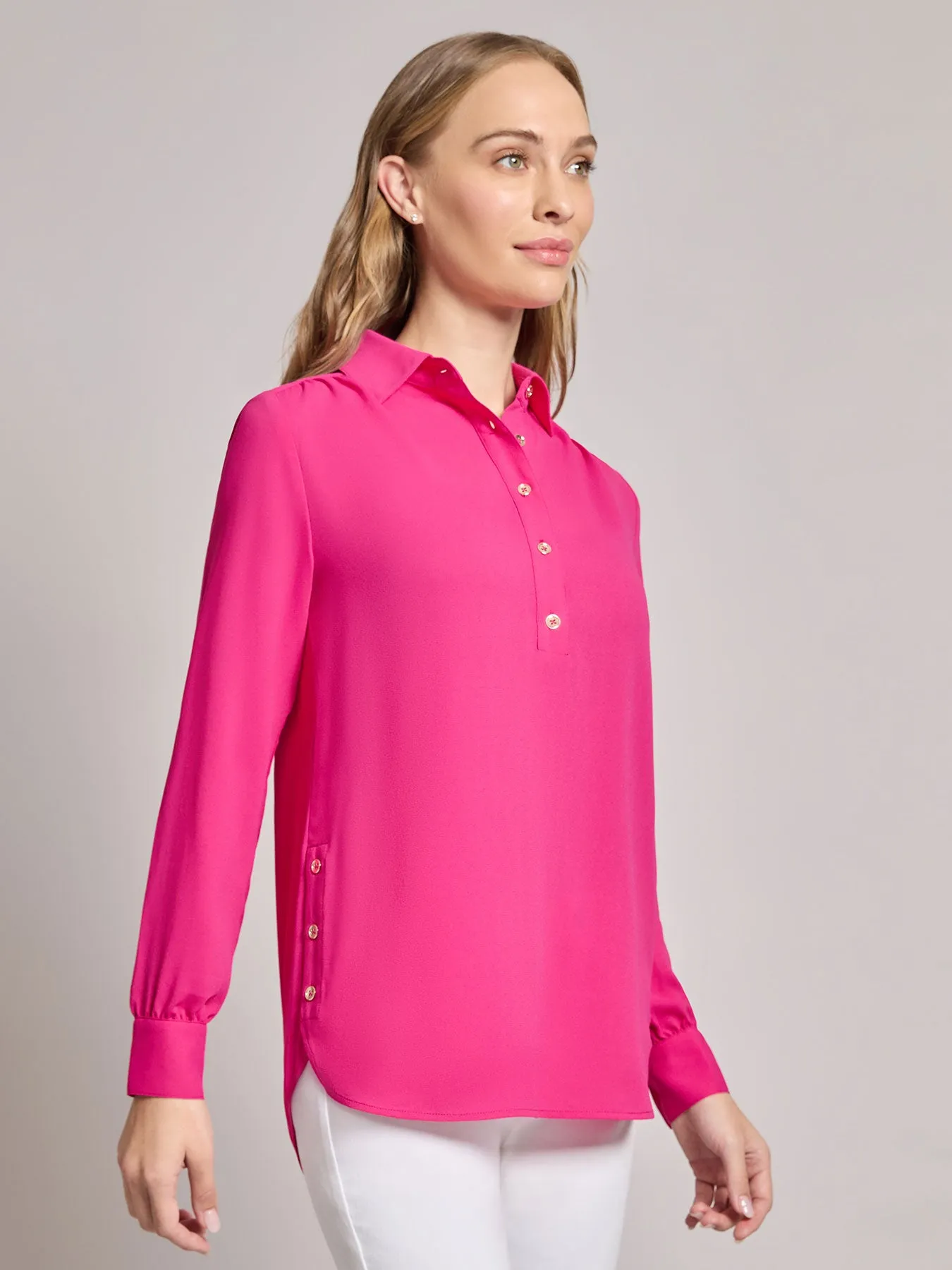 Long Sleeve Collared Popover Blouse, Jasper Crepe