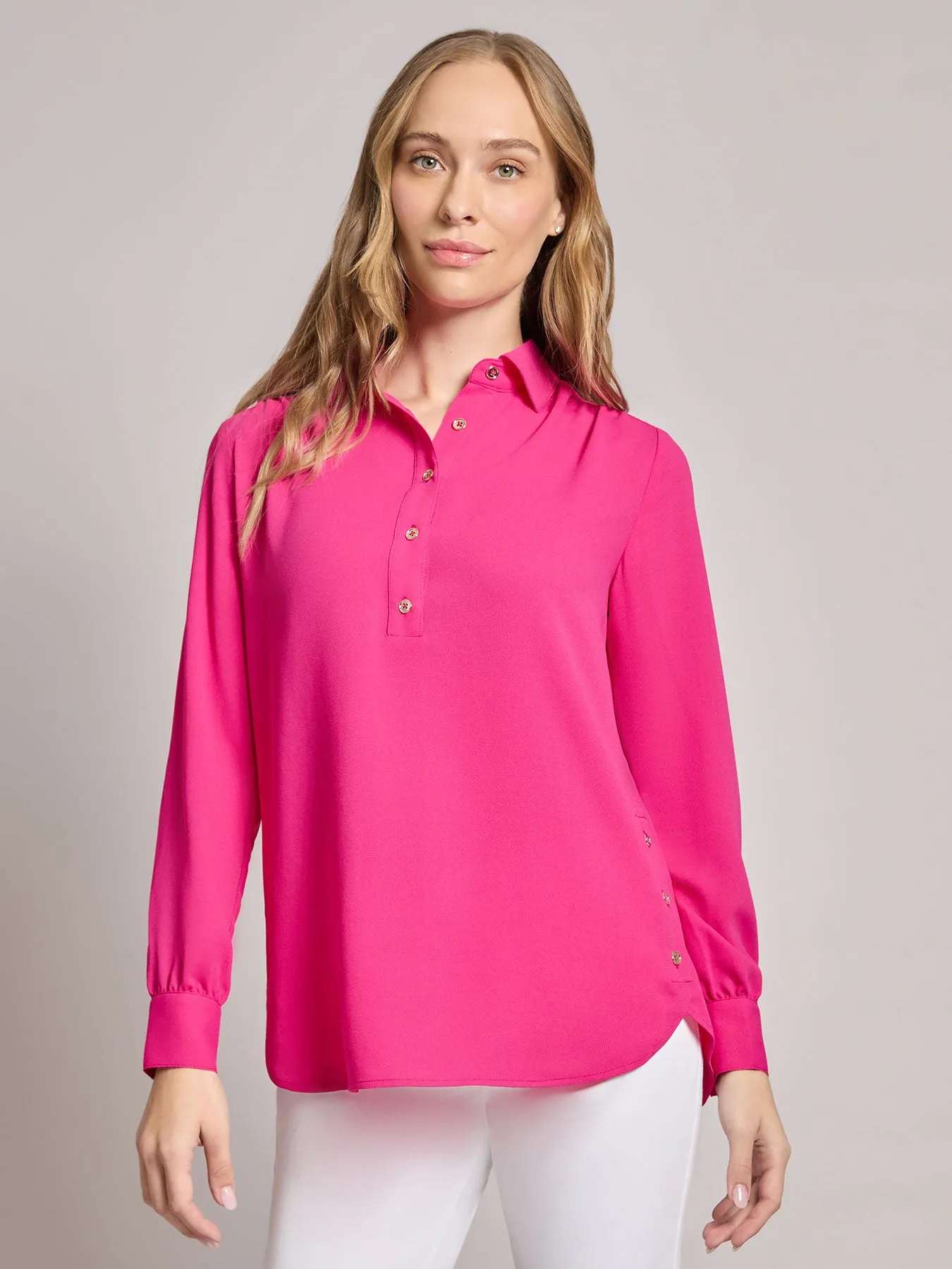 Long Sleeve Collared Popover Blouse, Jasper Crepe