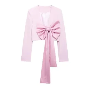Long Sleeve Deep V Bow Cropped Blouse