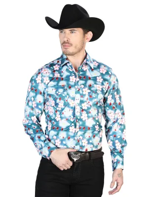 Long Sleeve Denim Shirt with Water Floral Print Brooches / Flowers for Men 'The Lord of the Skies' - ID: 43943